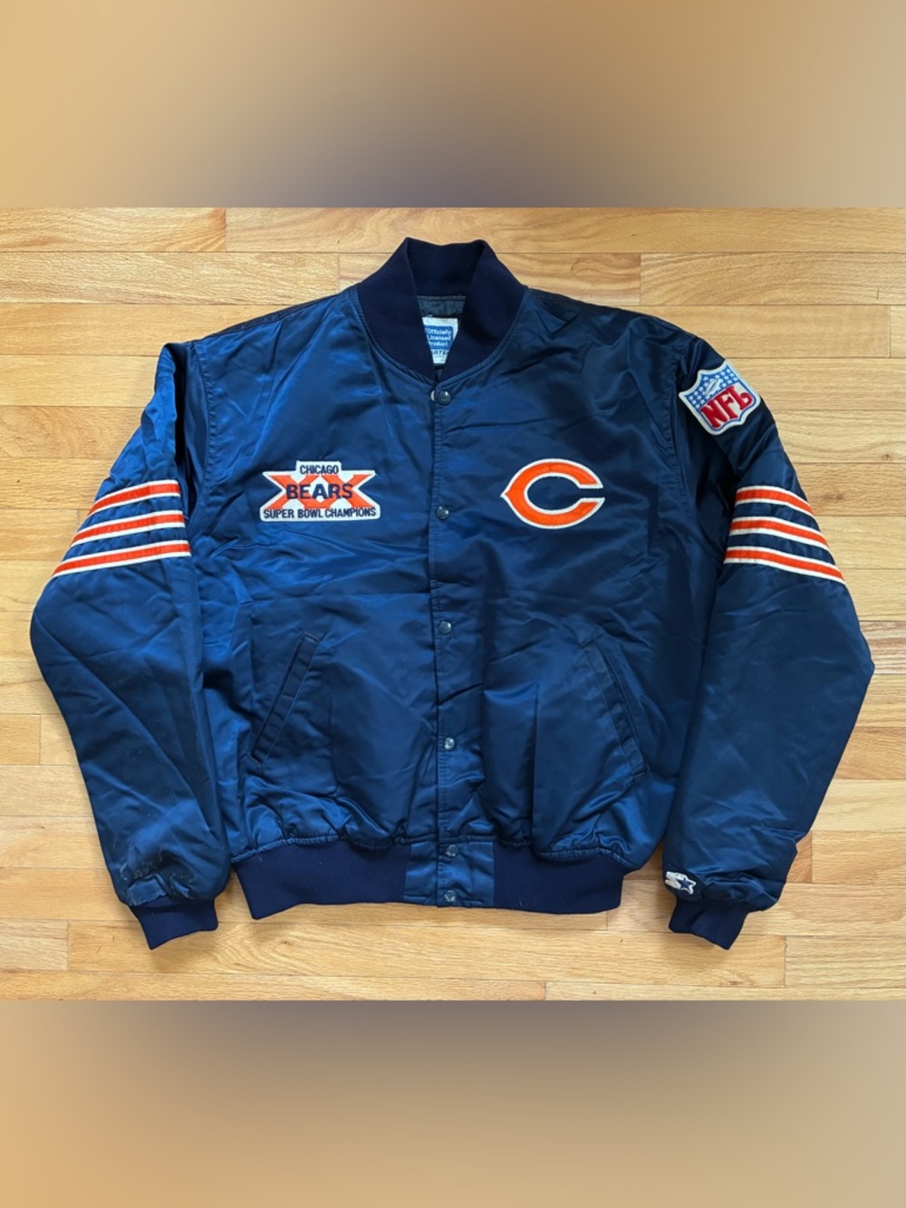 Vintage Starter Chicago Bears Satin Bomber Jacket Super Bowl Patch Men’s Size XL